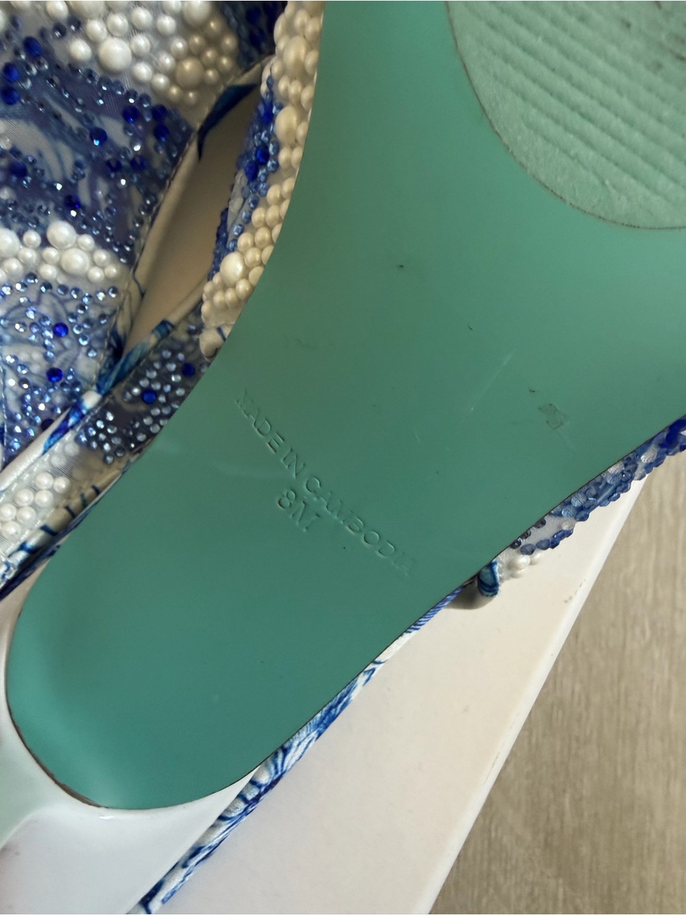Betsey Johnson Blue and White Beaded Slingback Heels - Picture 5 of 5